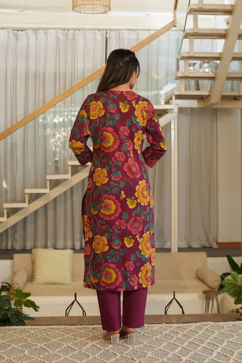 Wine Purple 3 Pcs Floral Printed Suit Set