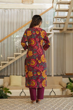 Wine Purple 3 Pcs Floral Printed Suit Set