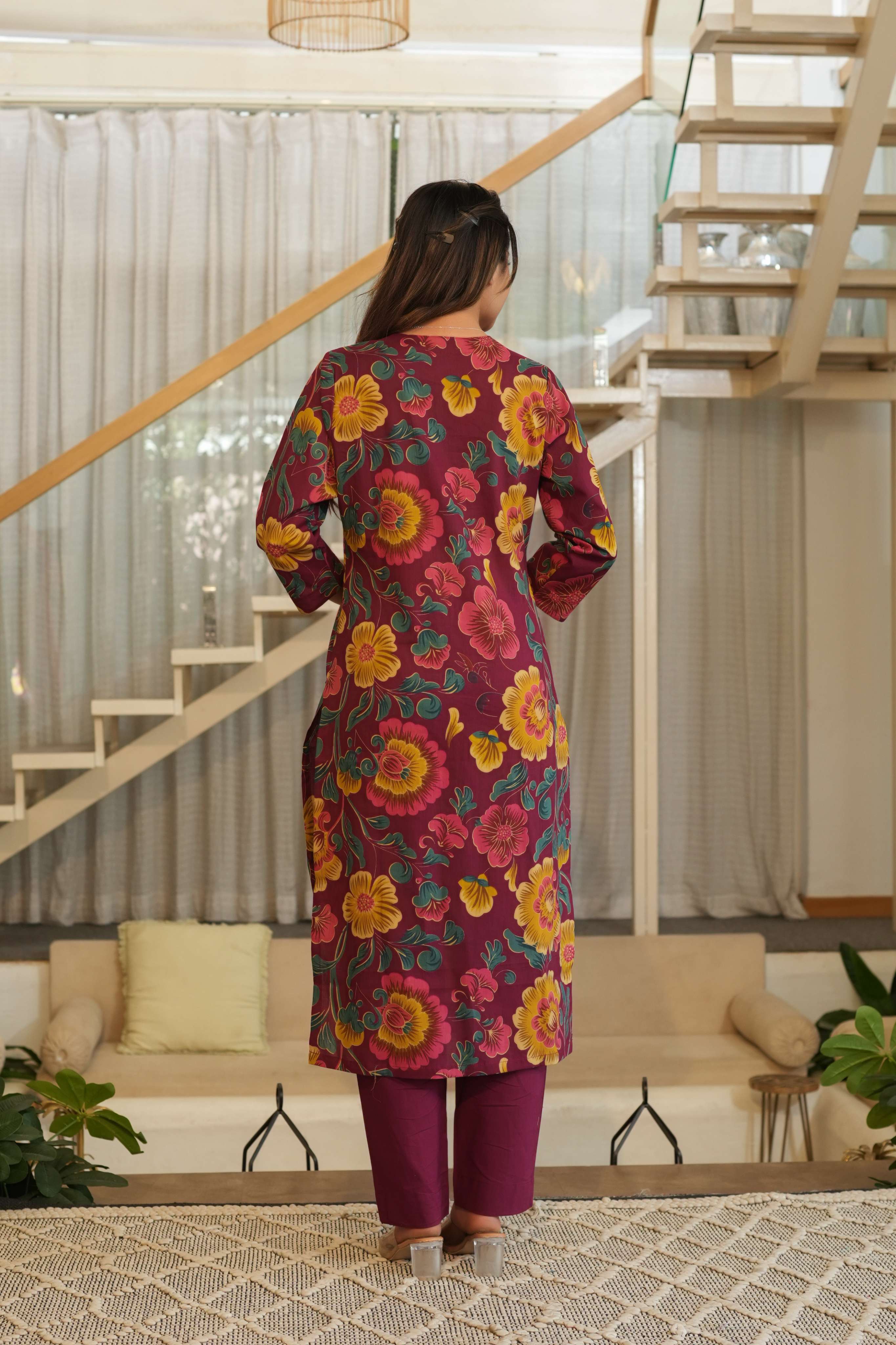 Wine Purple 3 Pcs Floral Printed Suit Set