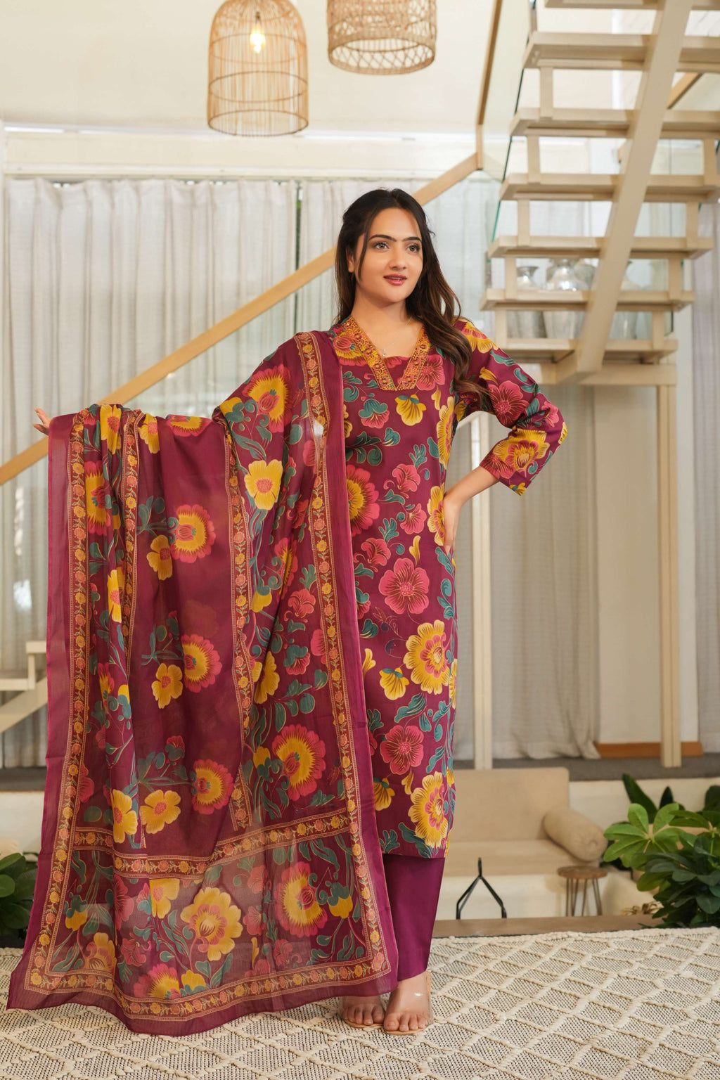 Wine Purple 3 Pcs Floral Printed Suit Set