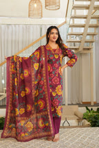 Wine Purple 3 Pcs Floral Printed Suit Set