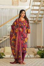 Wine Purple 3 Pcs Floral Printed Suit Set