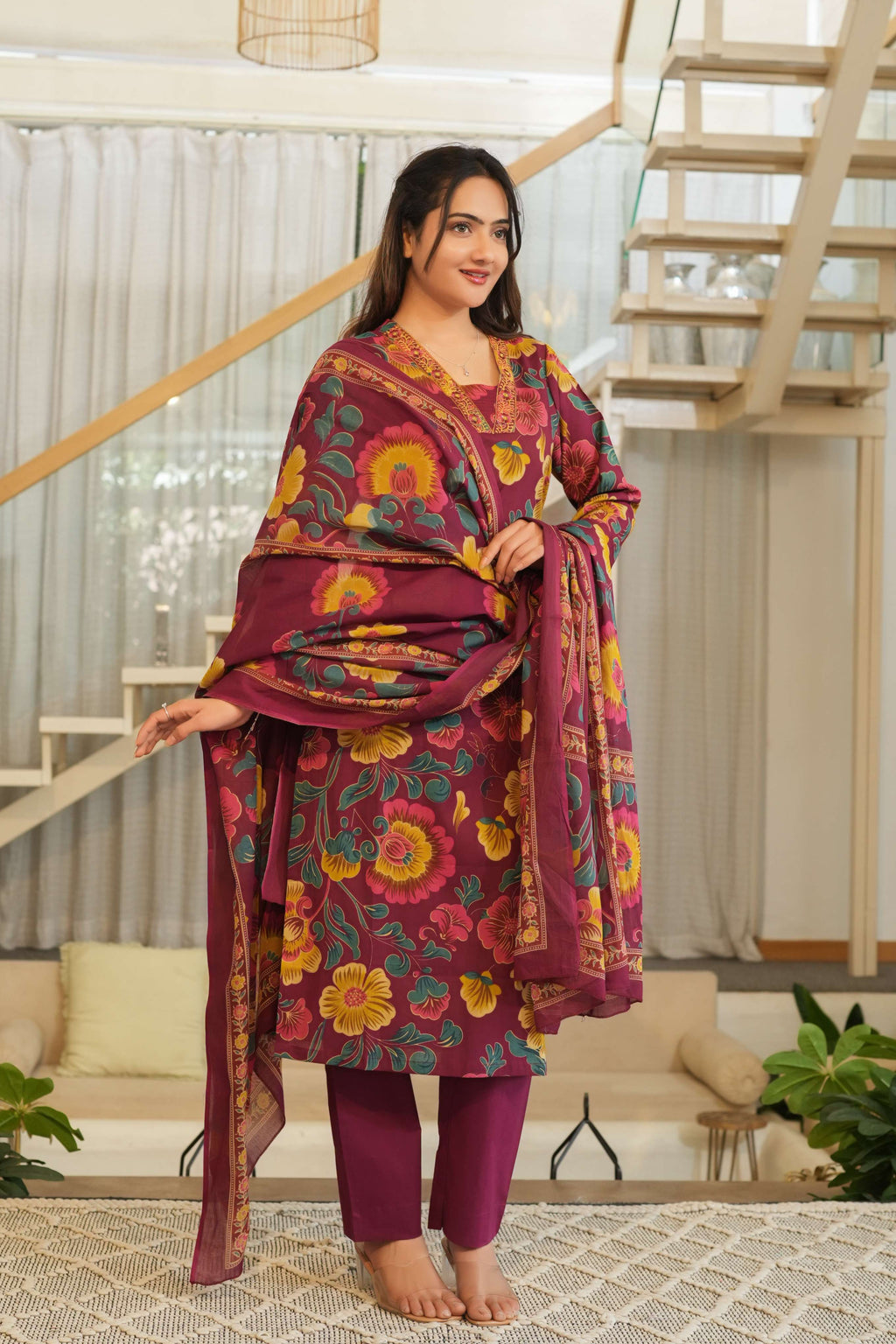 Wine Purple 3 Pcs Floral Printed Suit Set