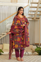 Wine Purple 3 Pcs Floral Printed Suit Set
