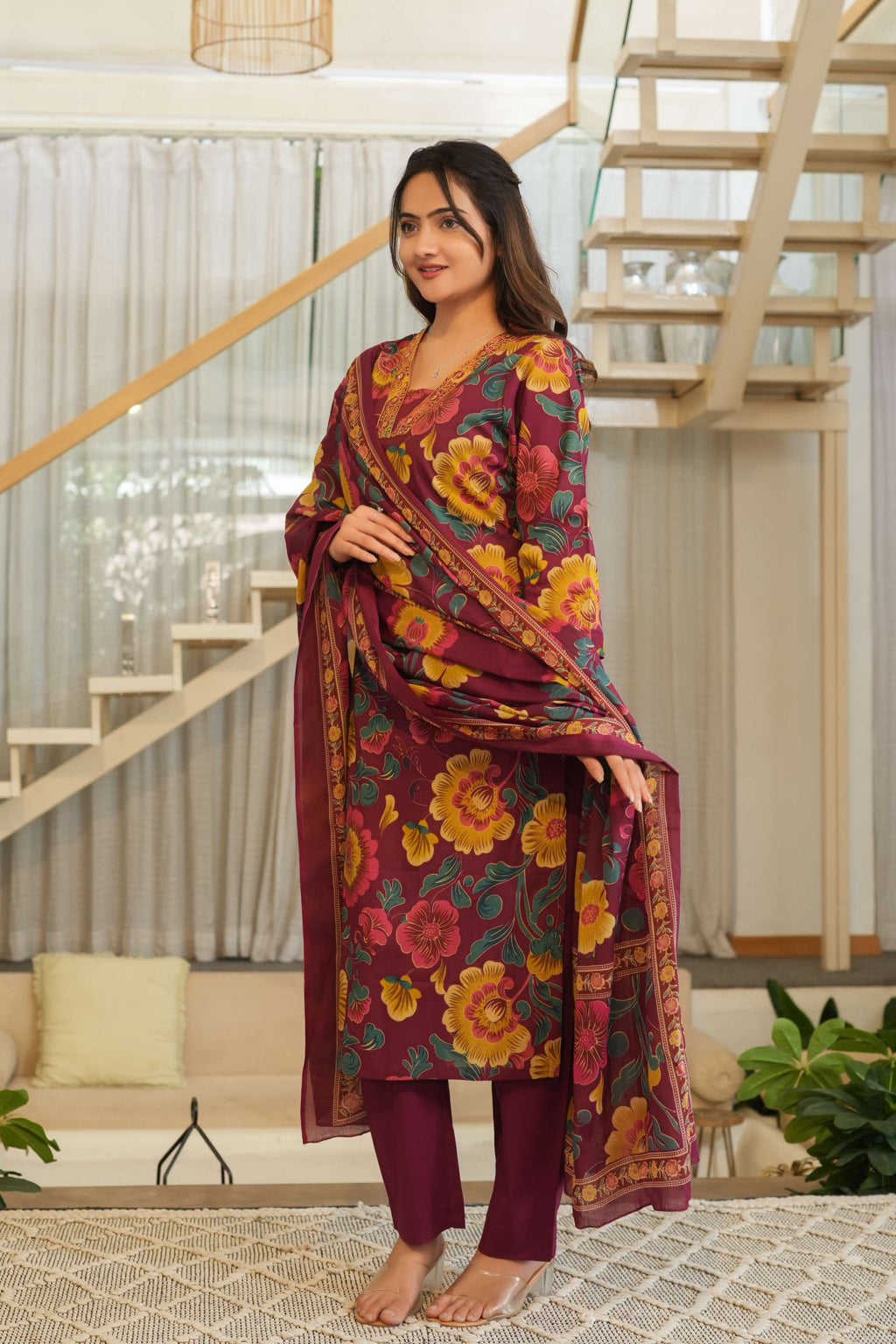 Wine Purple 3 Pcs Floral Printed Suit Set