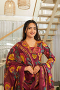 Wine Purple 3 Pcs Floral Printed Suit Set