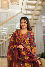 Wine Purple 3 Pcs Floral Printed Suit Set