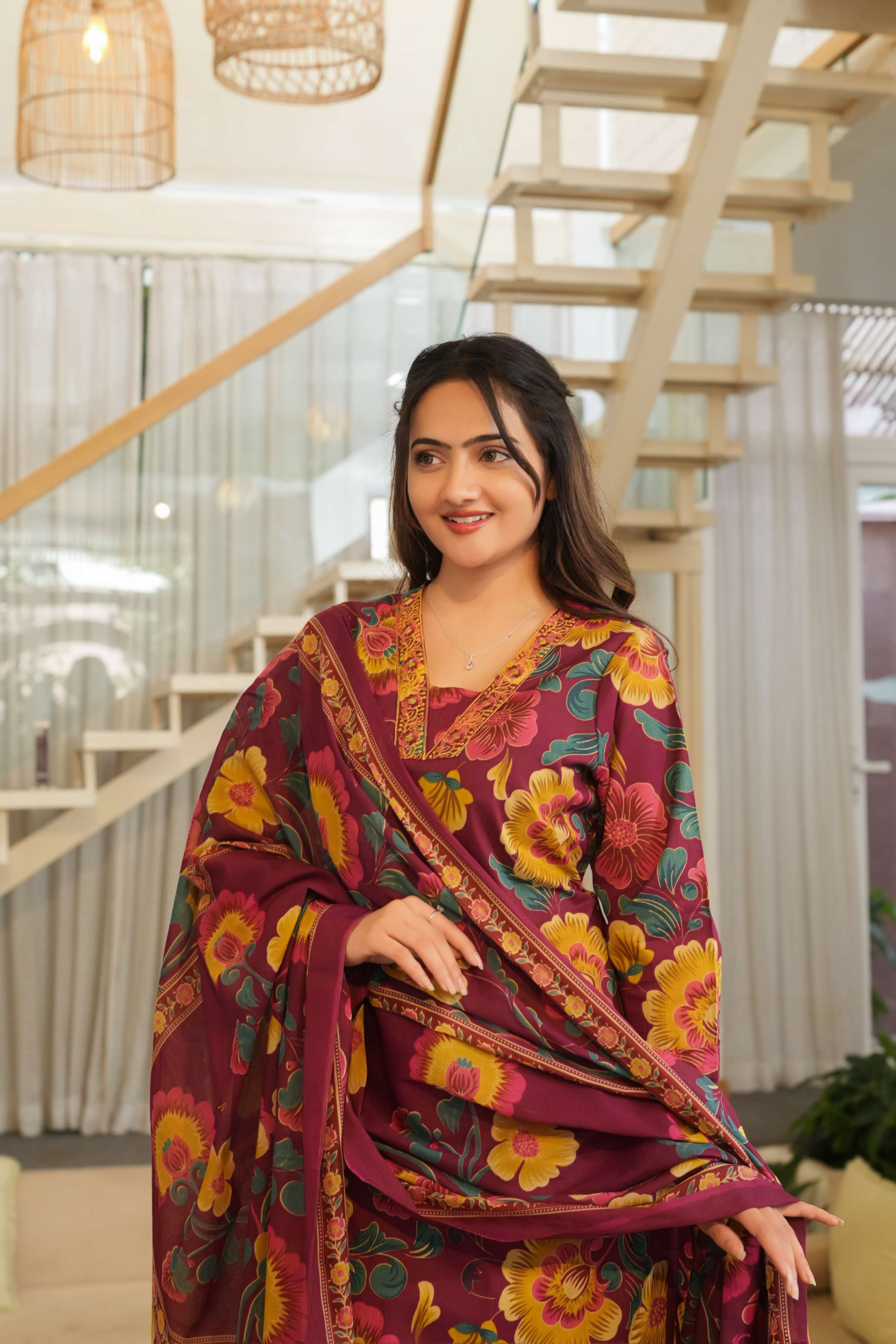 Wine Purple 3 Pcs Floral Printed Suit Set