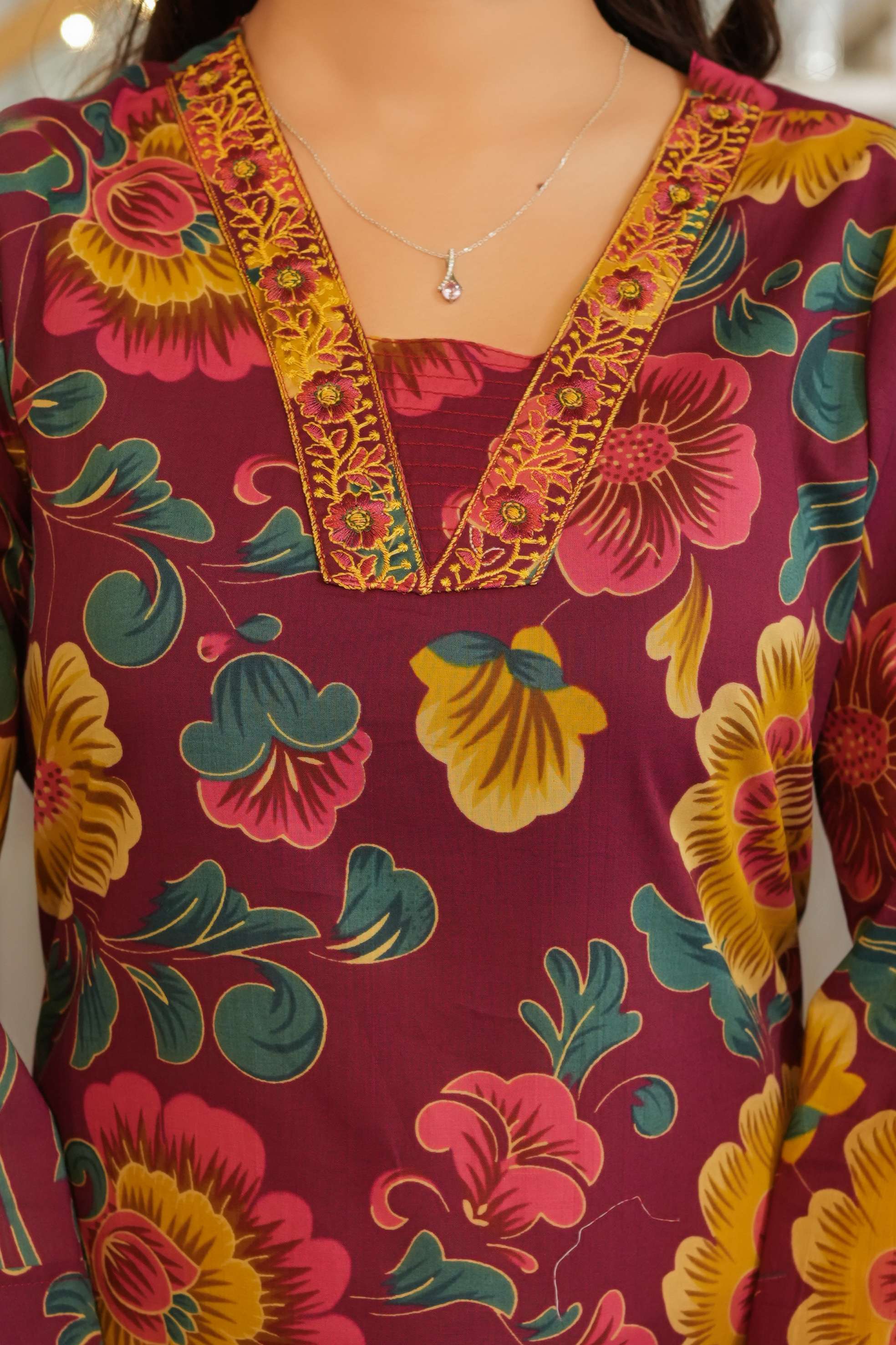 Wine Purple 3 Pcs Floral Printed Suit Set