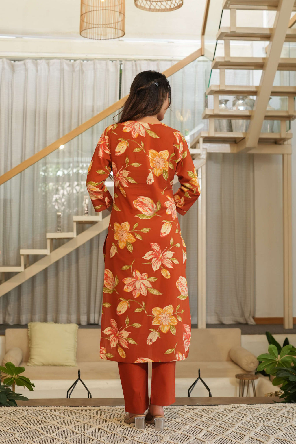 Rust Orange 3 Pcs Floral Printed Suit Set