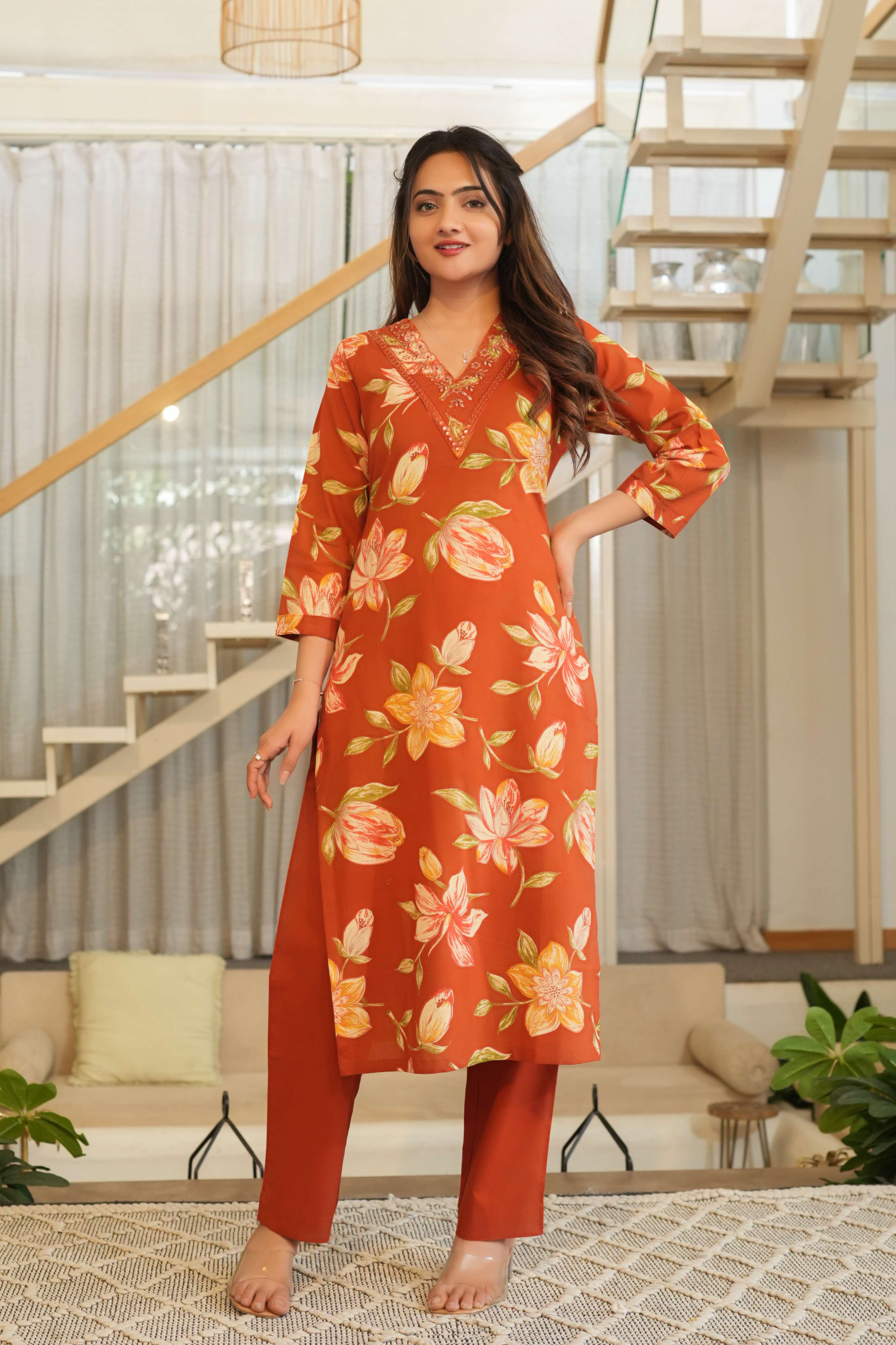 Rust Orange 3 Pcs Floral Printed Suit Set