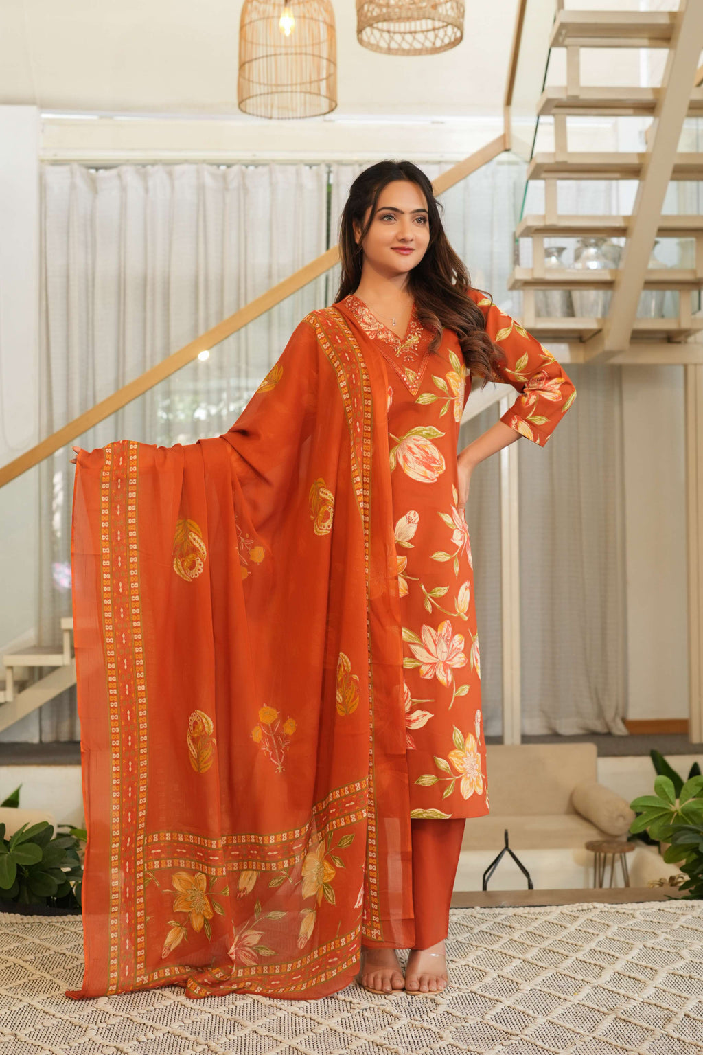 Rust Orange 3 Pcs Floral Printed Suit Set