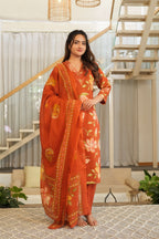 Rust Orange 3 Pcs Floral Printed Suit Set