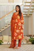 Rust Orange 3 Pcs Floral Printed Suit Set