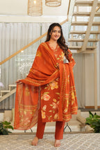 Rust Orange 3 Pcs Floral Printed Suit Set