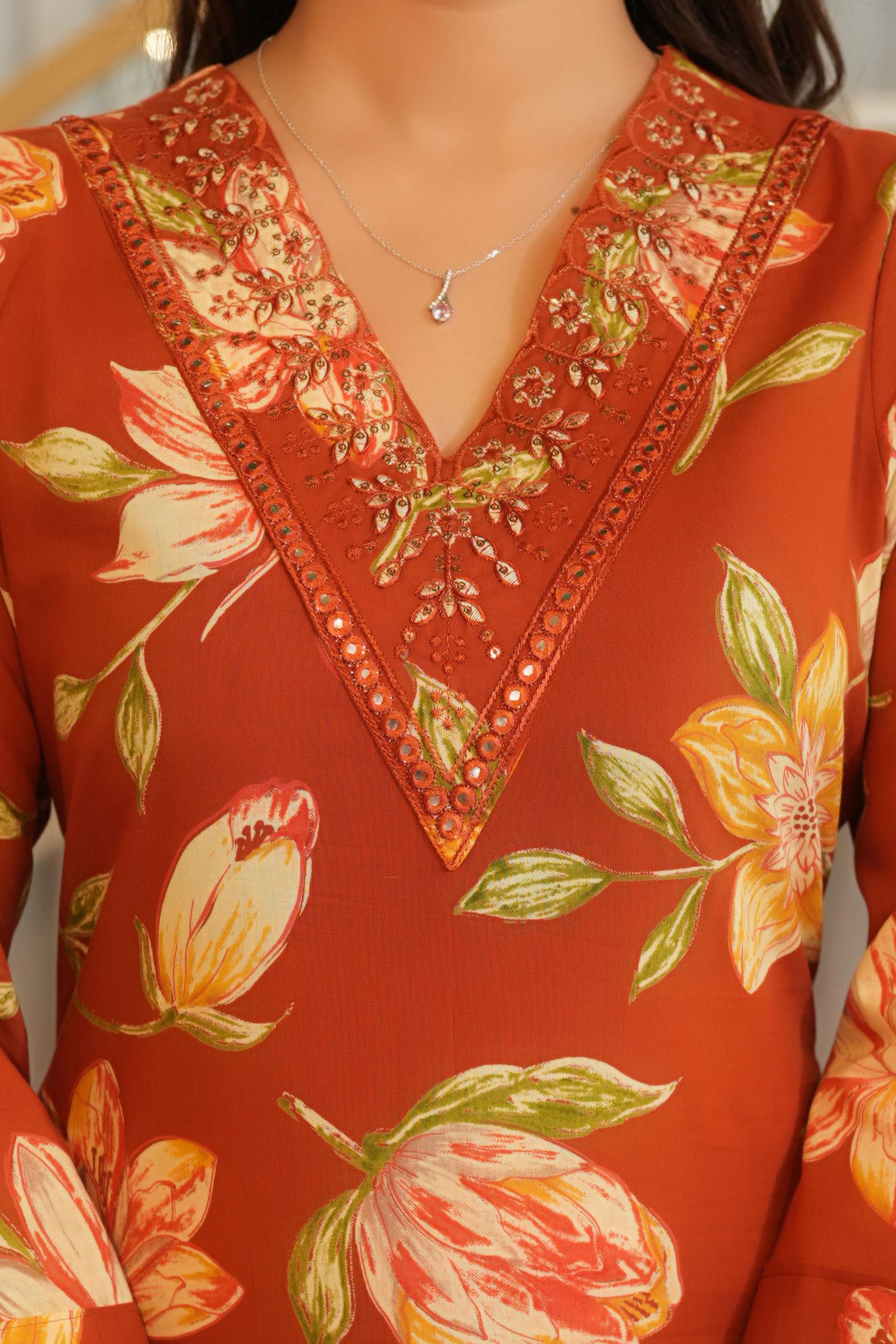 Rust Orange 3 Pcs Floral Printed Suit Set