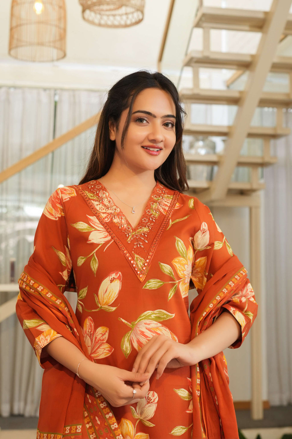 Rust Orange 3 Pcs Floral Printed Suit Set