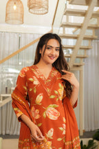 Rust Orange 3 Pcs Floral Printed Suit Set