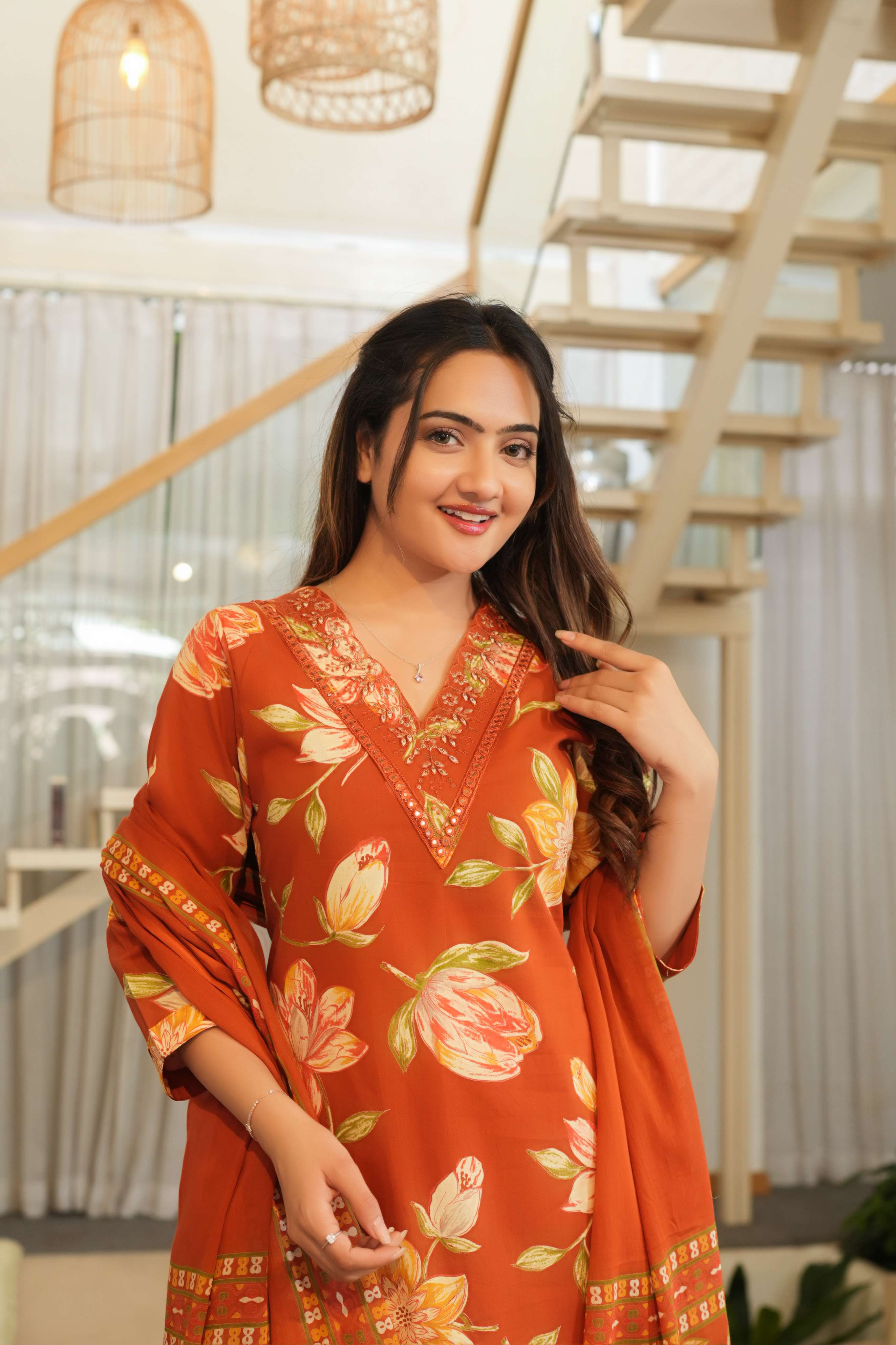 Rust Orange 3 Pcs Floral Printed Suit Set