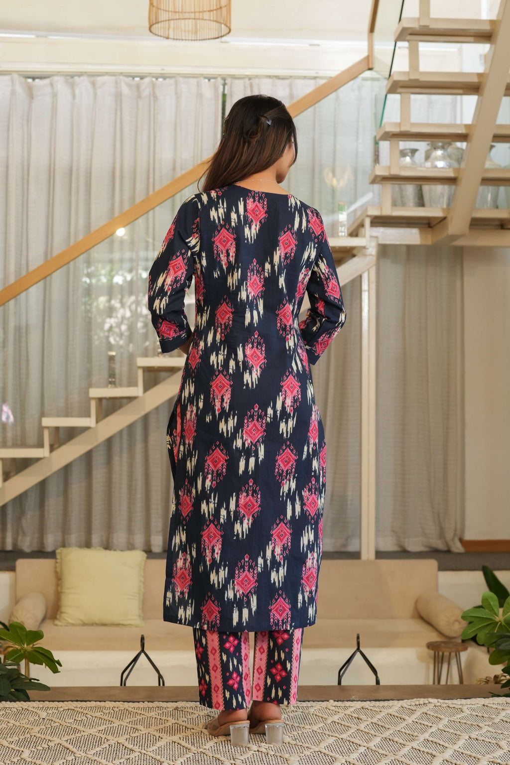 Navy Blue 3 Pcs Printed Suit Set