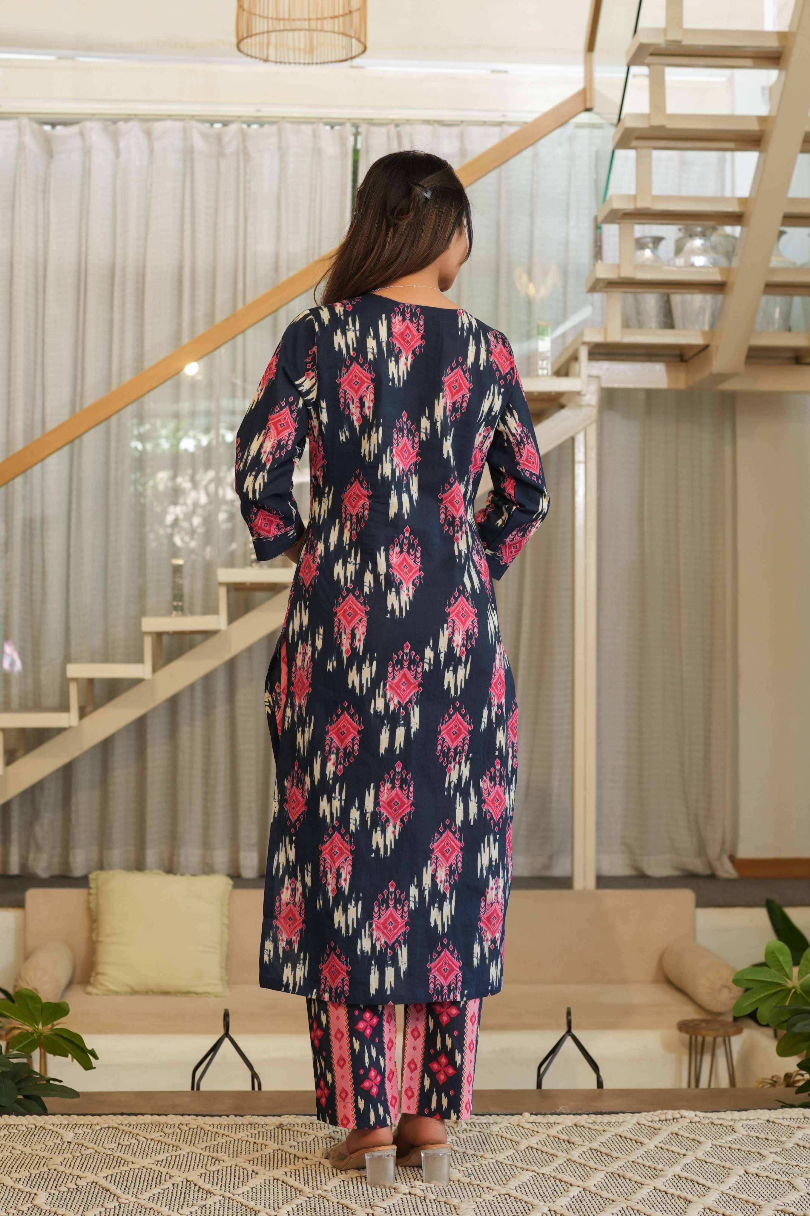 Navy Blue 3 Pcs Printed Suit Set