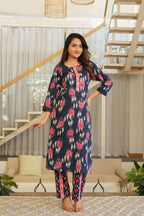 Navy Blue 3 Pcs Printed Suit Set