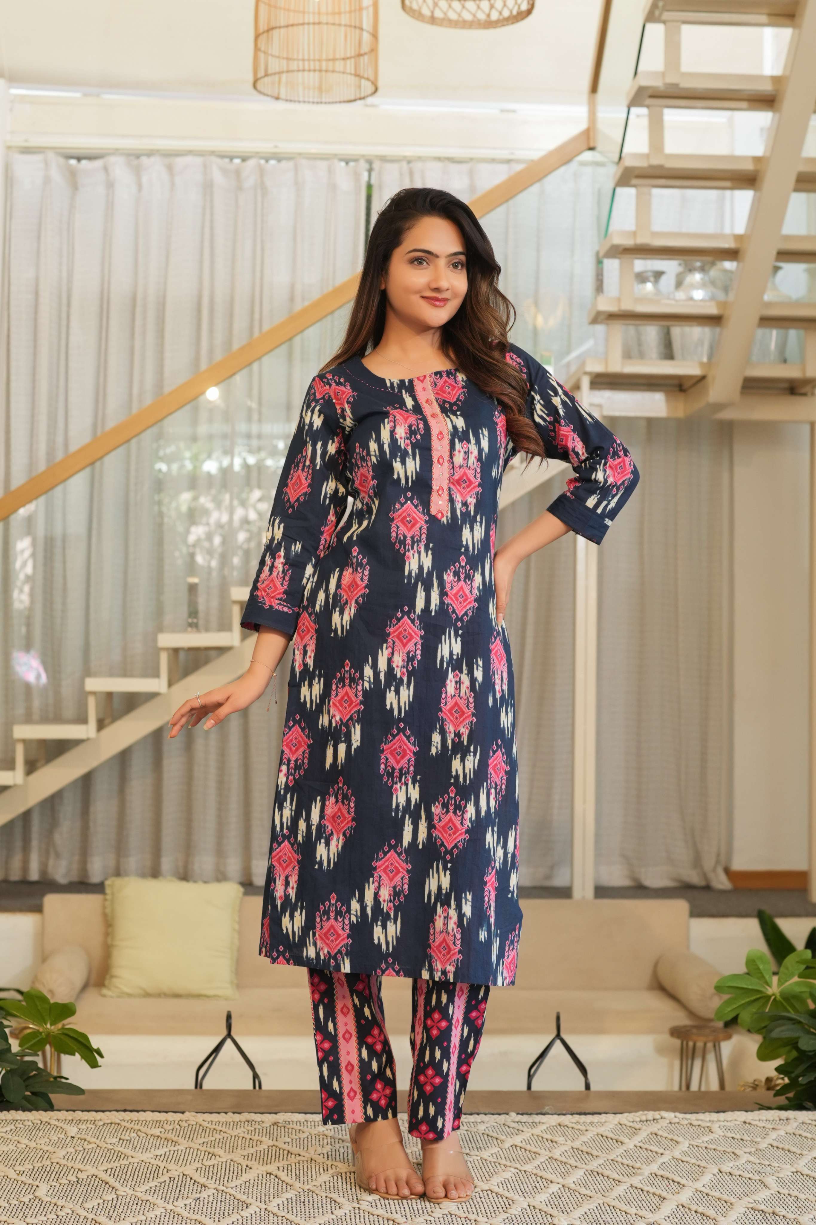 Navy Blue 3 Pcs Printed Suit Set