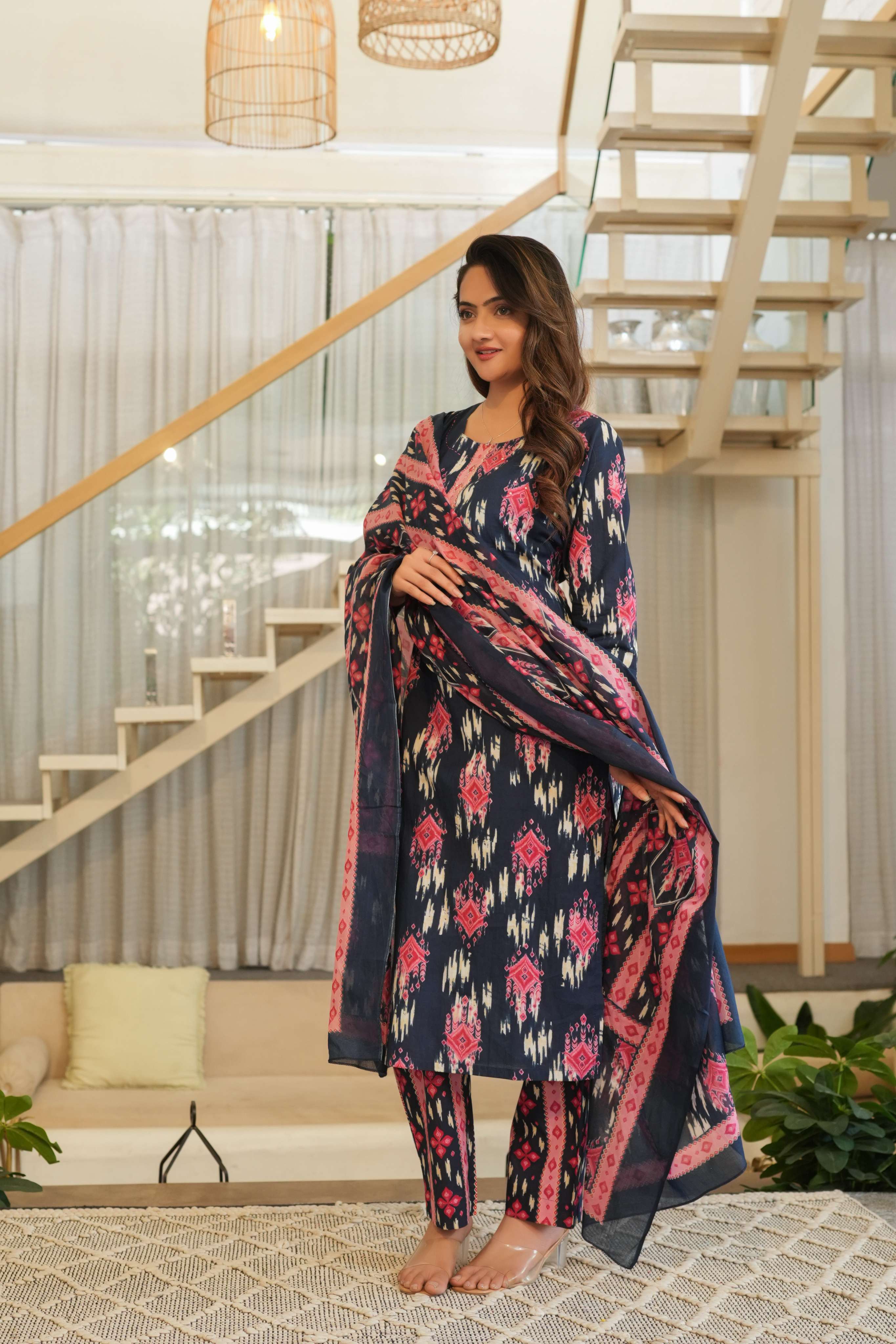 Navy Blue 3 Pcs Printed Suit Set