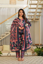 Navy Blue 3 Pcs Printed Suit Set