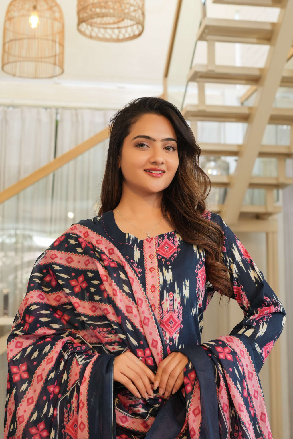 Navy Blue 3 Pcs Printed Suit Set