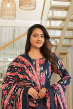 Navy Blue 3 Pcs Printed Suit Set