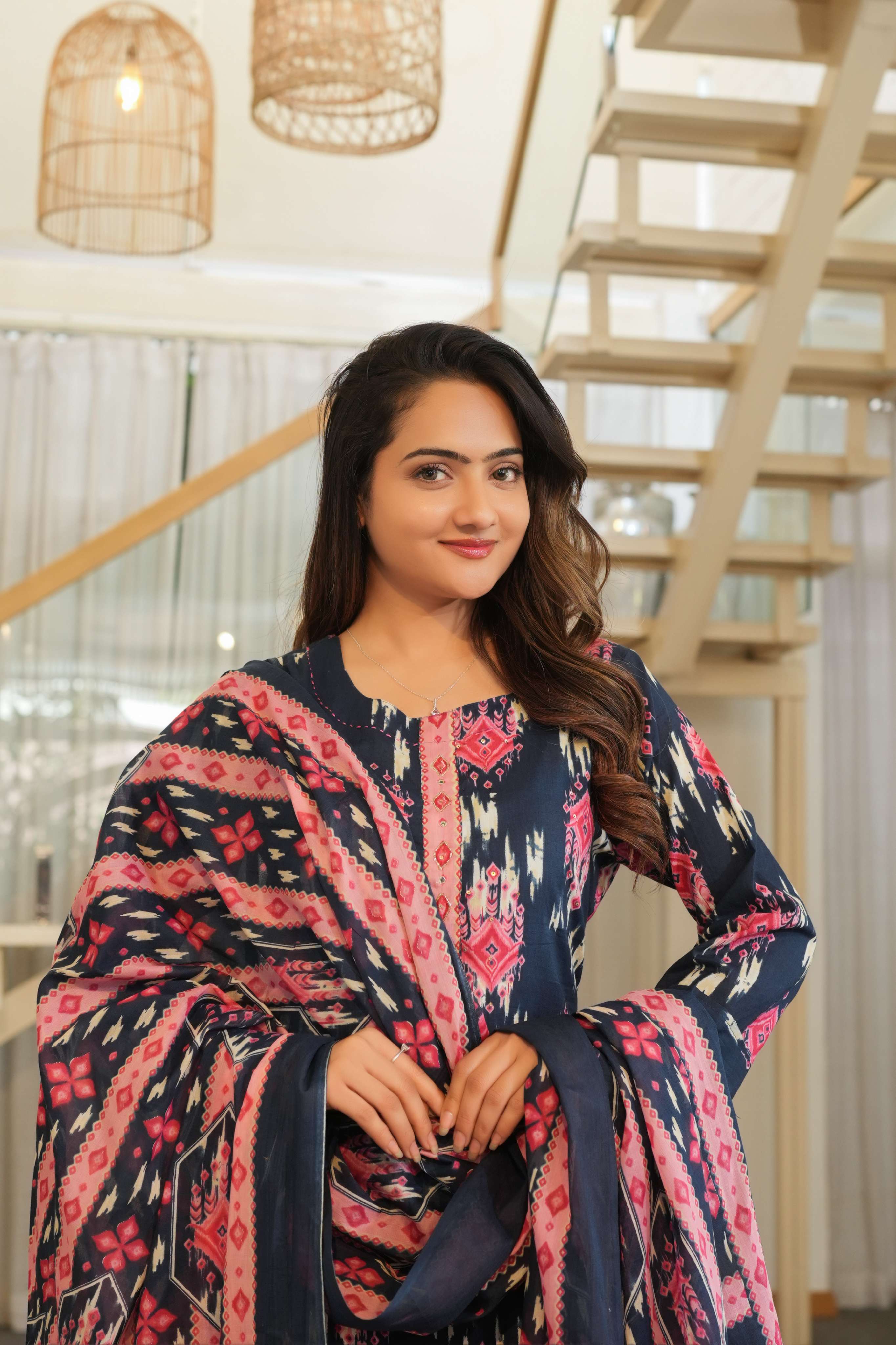 Navy Blue 3 Pcs Printed Suit Set