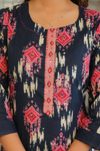 Navy Blue 3 Pcs Printed Suit Set