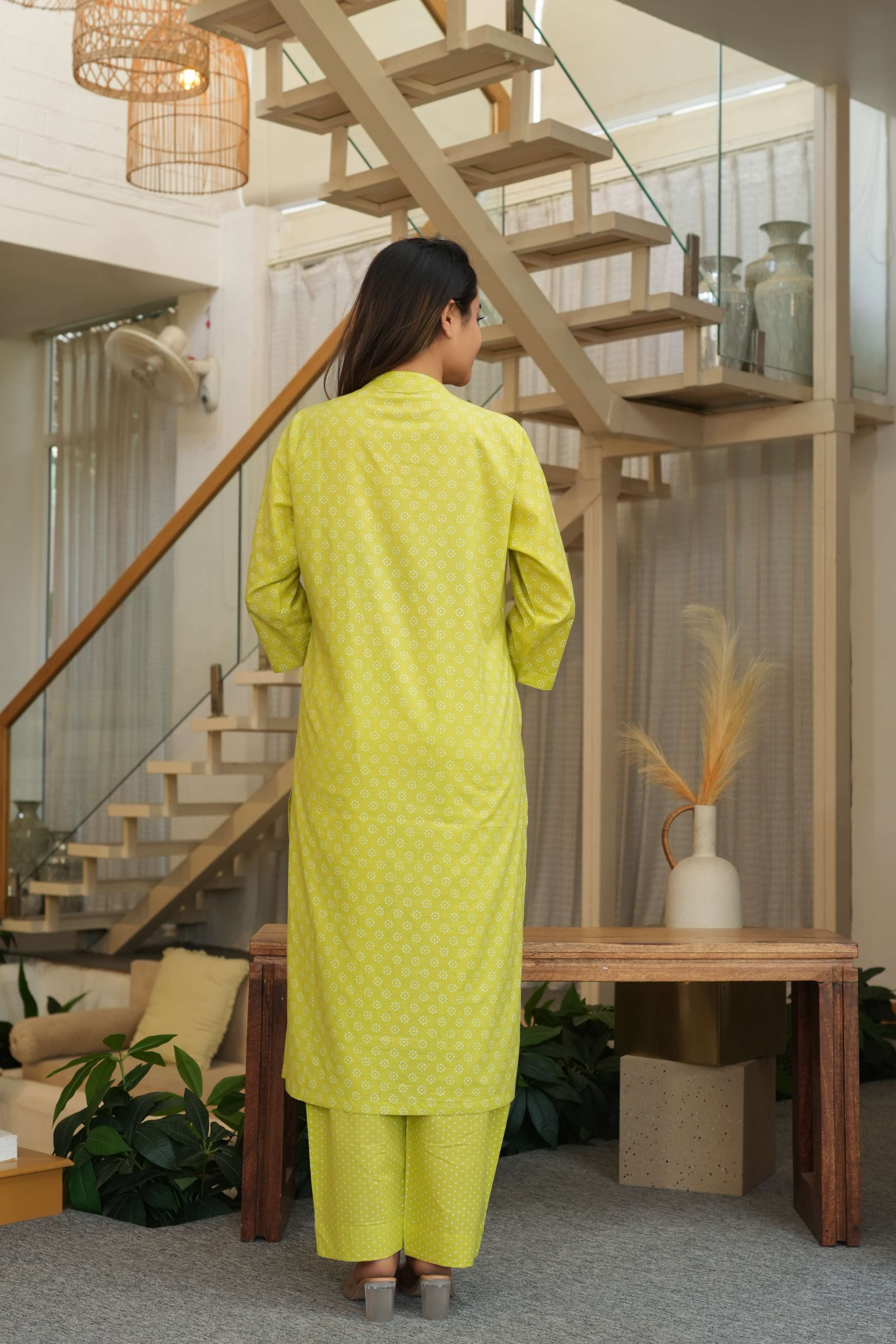 Lime Green 3 Pcs Printed Suit Set