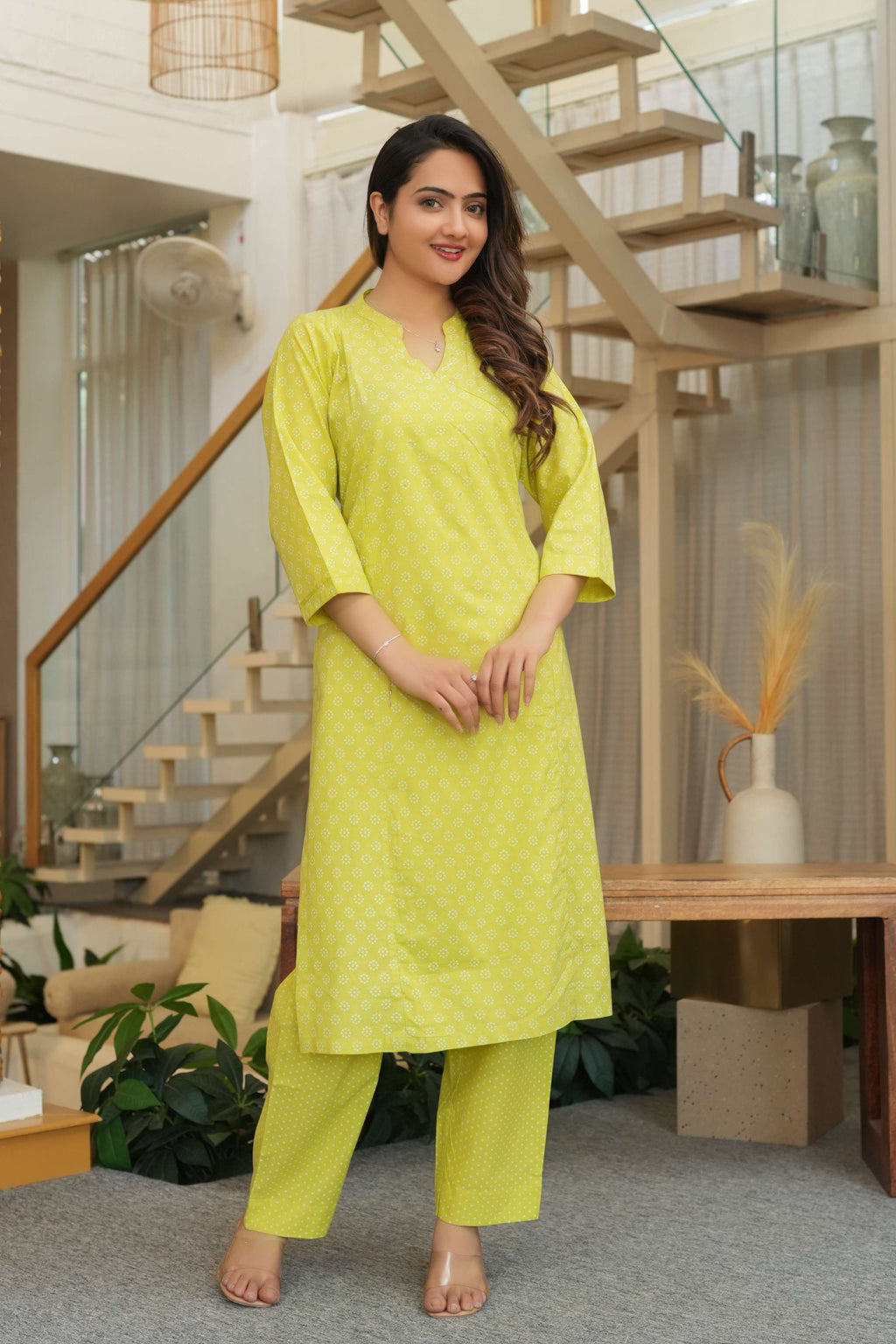 Lime Green 3 Pcs Printed Suit Set