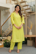 Lime Green 3 Pcs Printed Suit Set