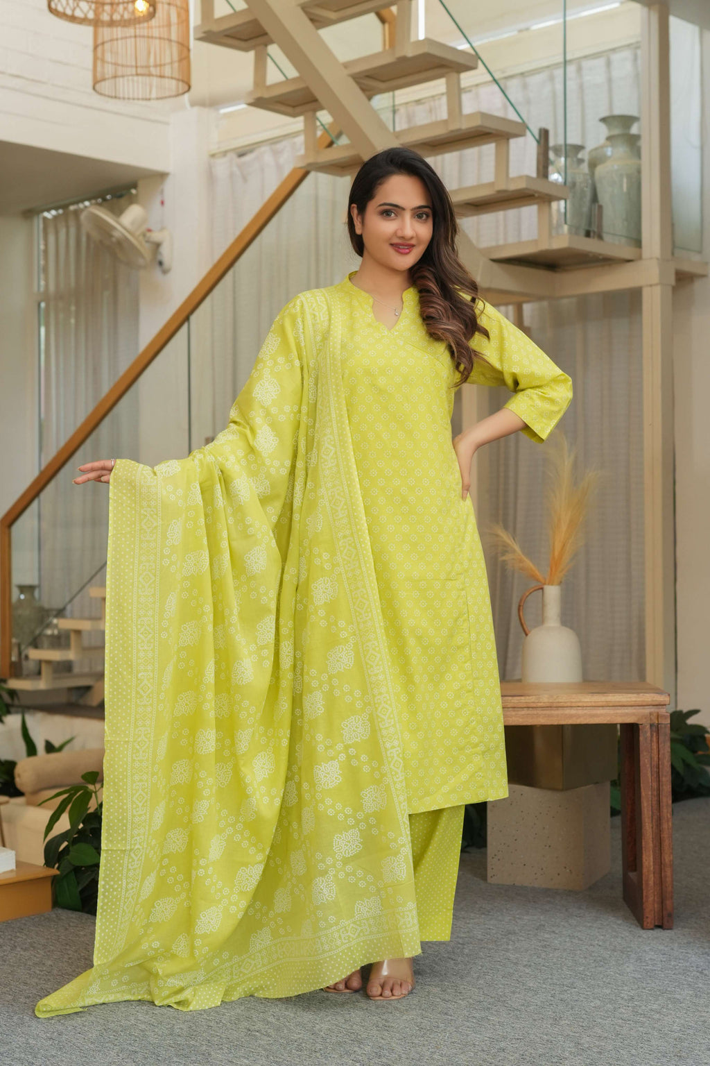 Lime Green 3 Pcs Printed Suit Set