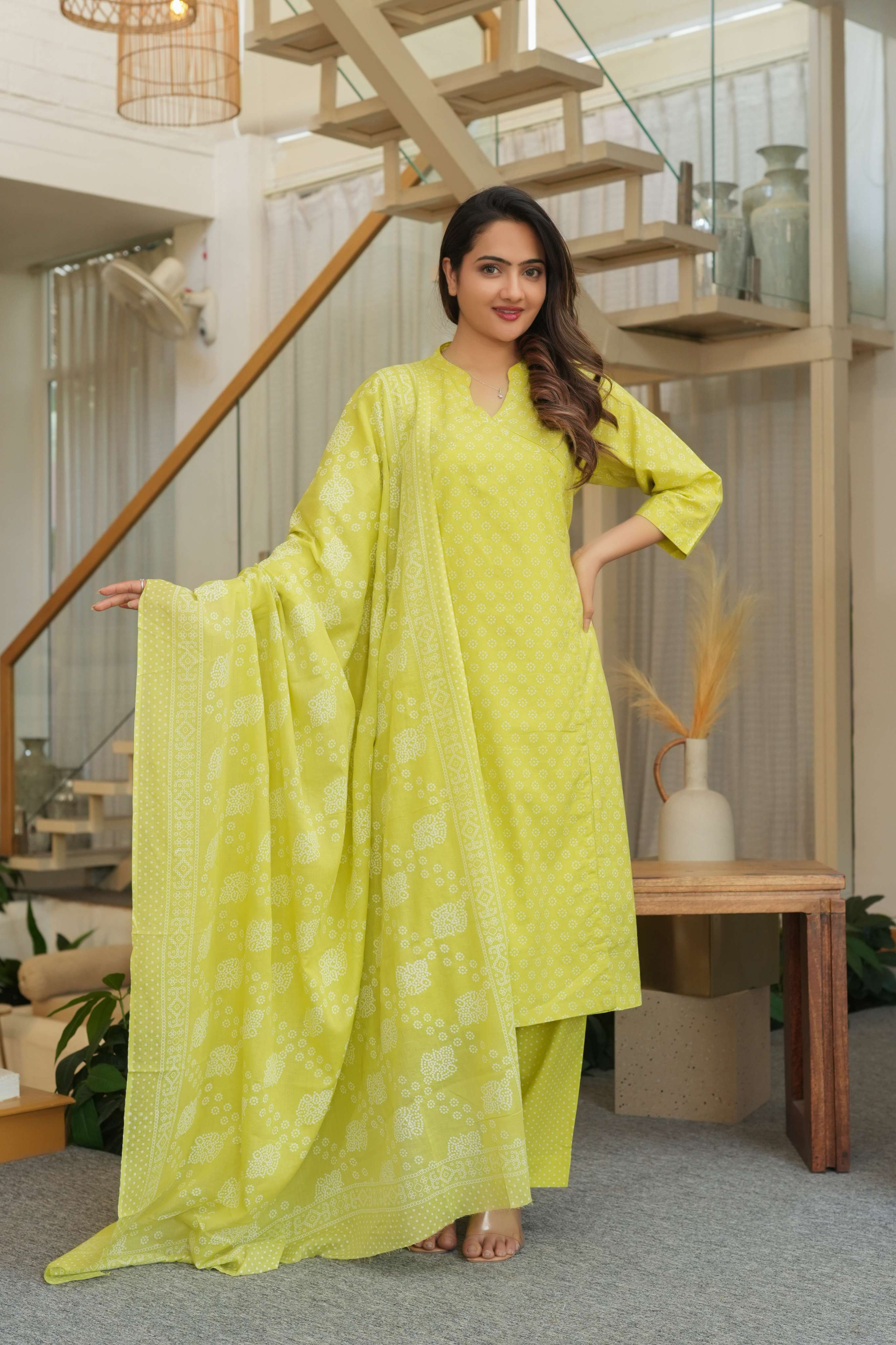 Lime Green 3 Pcs Printed Suit Set