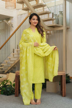 Lime Green 3 Pcs Printed Suit Set
