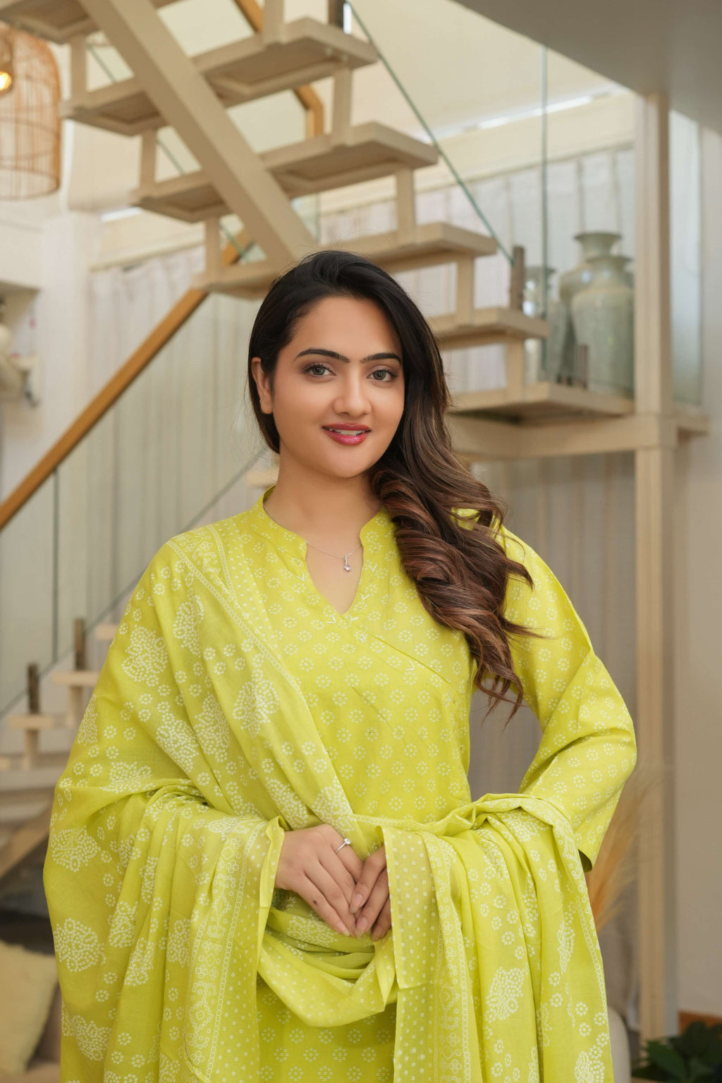 Lime Green 3 Pcs Printed Suit Set