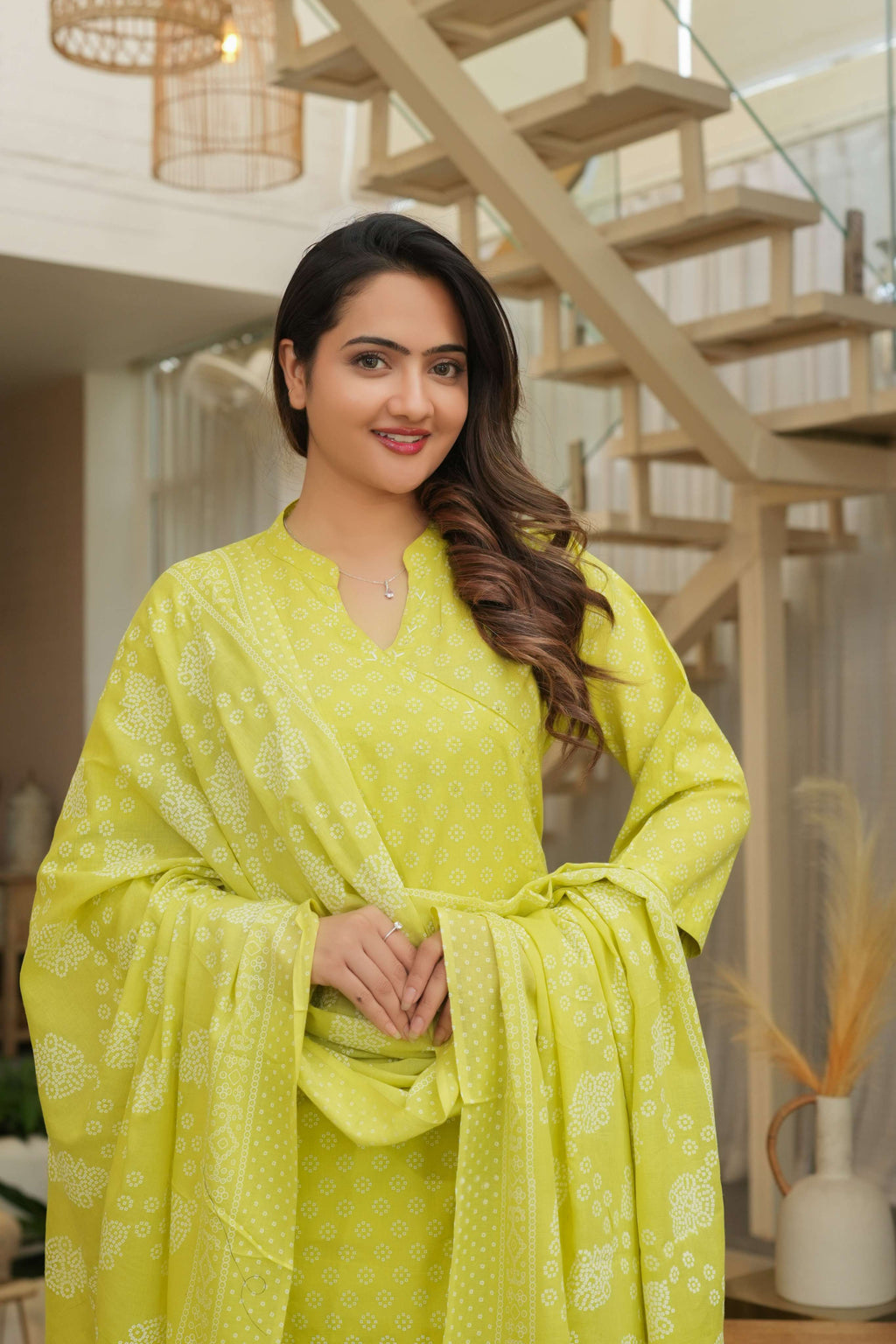 Lime Green 3 Pcs Printed Suit Set