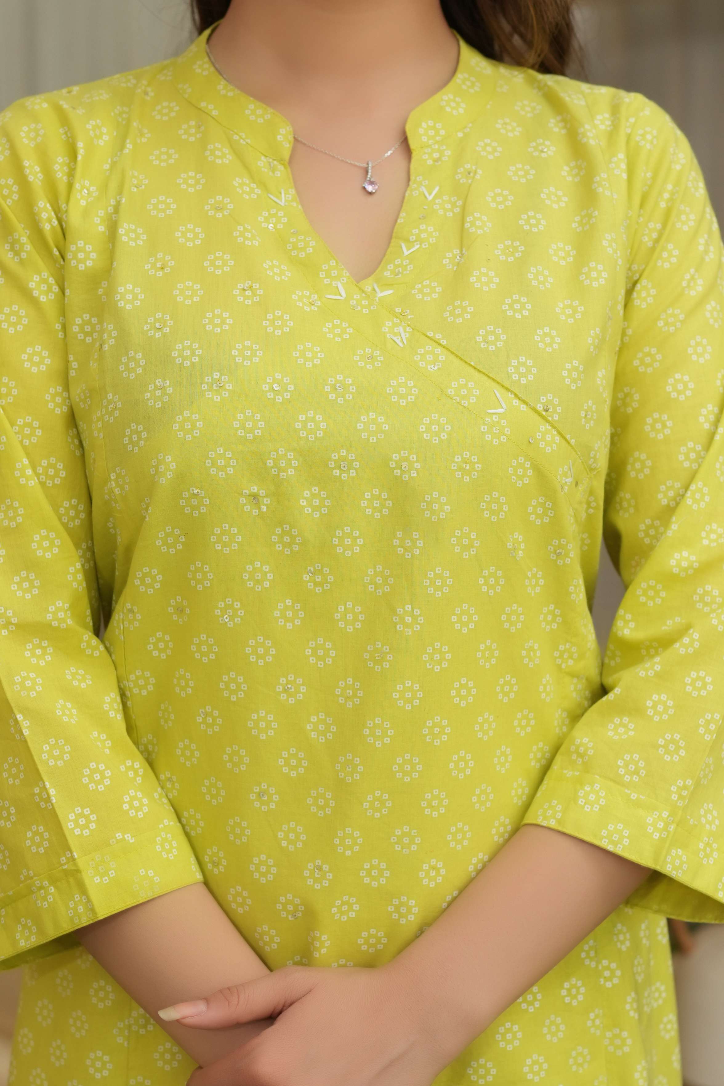 Lime Green 3 Pcs Printed Suit Set