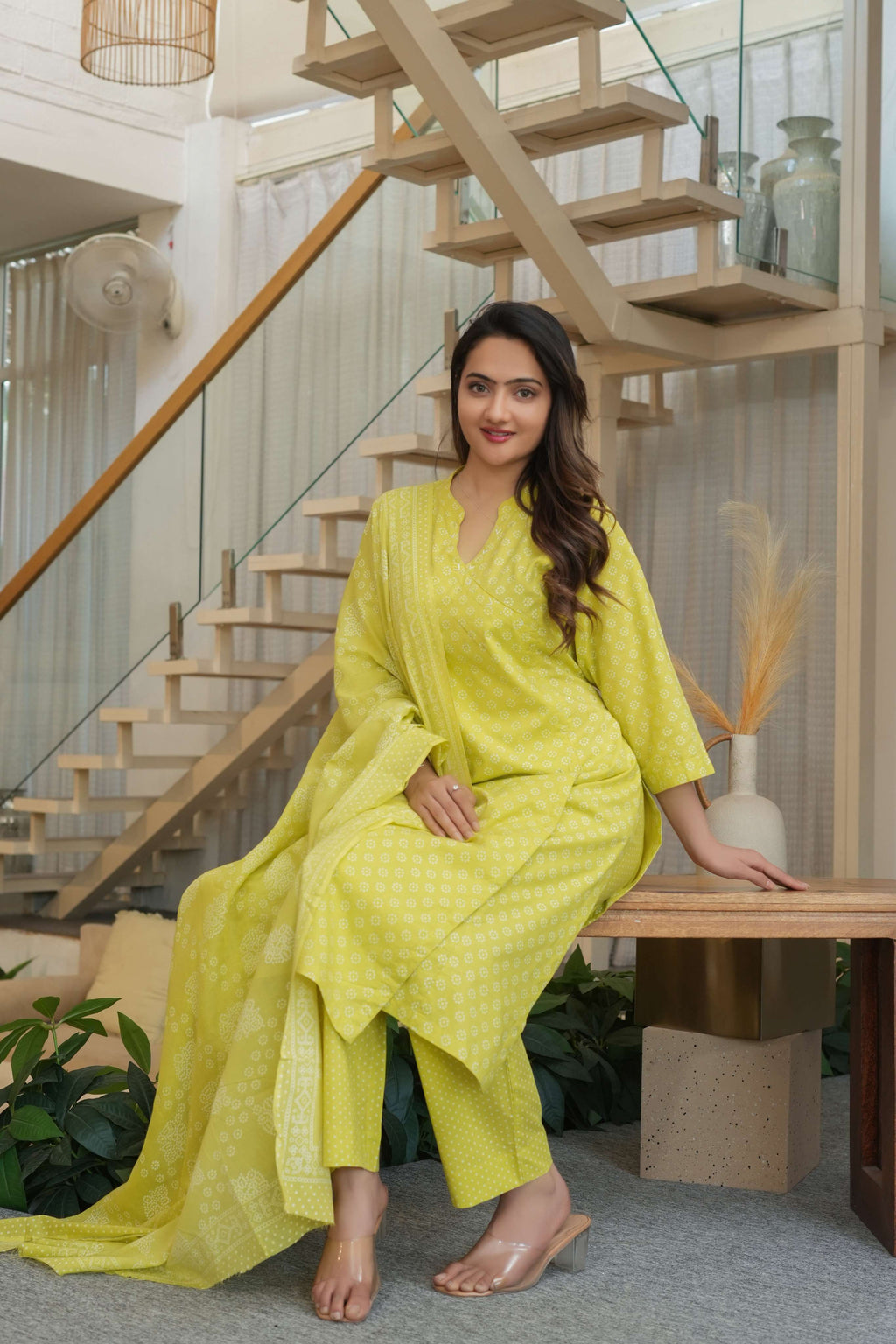 Lime Green 3 Pcs Printed Suit Set