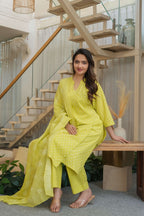 Lime Green 3 Pcs Printed Suit Set