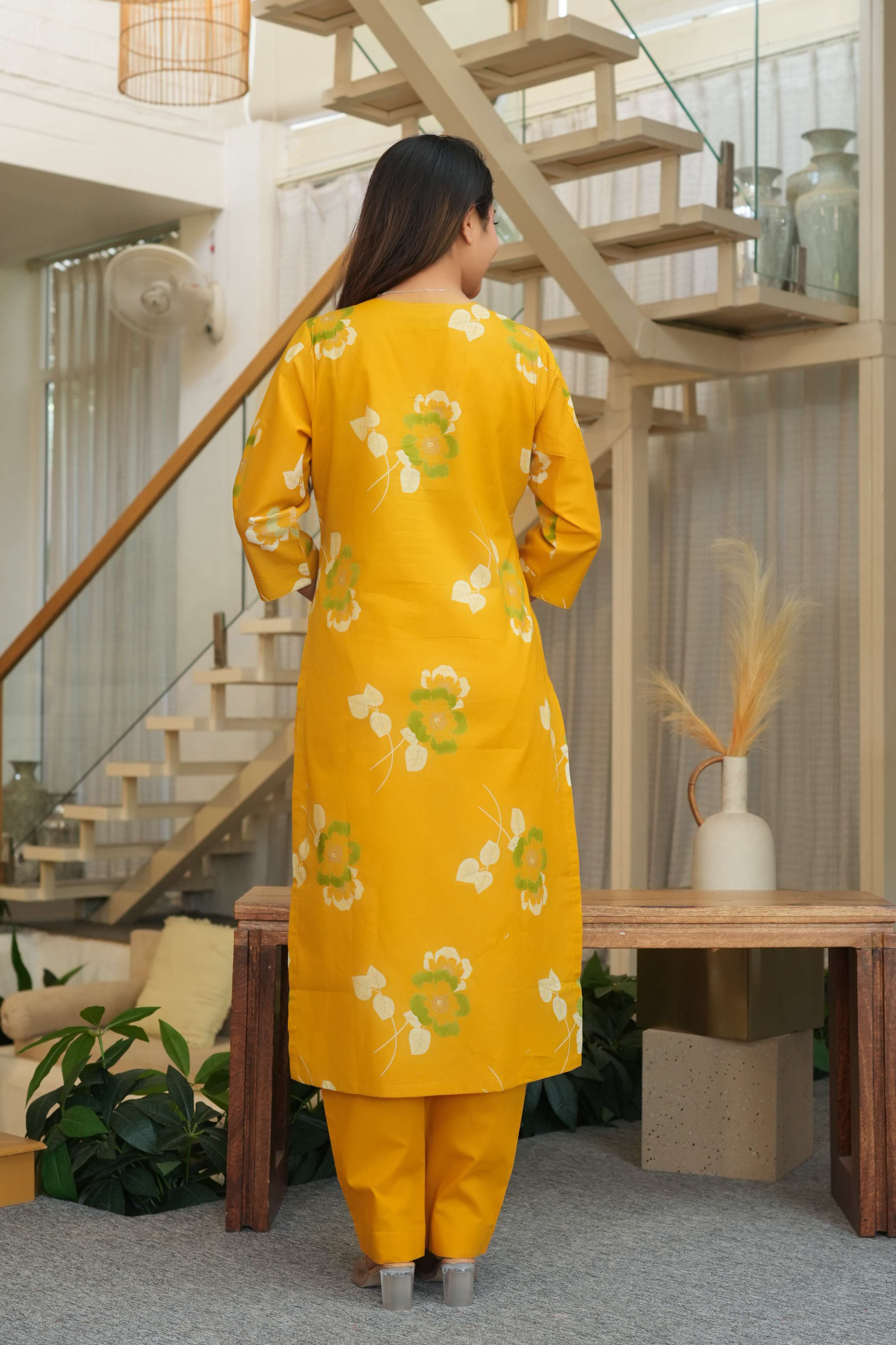 Mustard Yellow 3 Pcs Printed Suit Set with Floral Patterns – Elegant & Festive Ethnic Look
