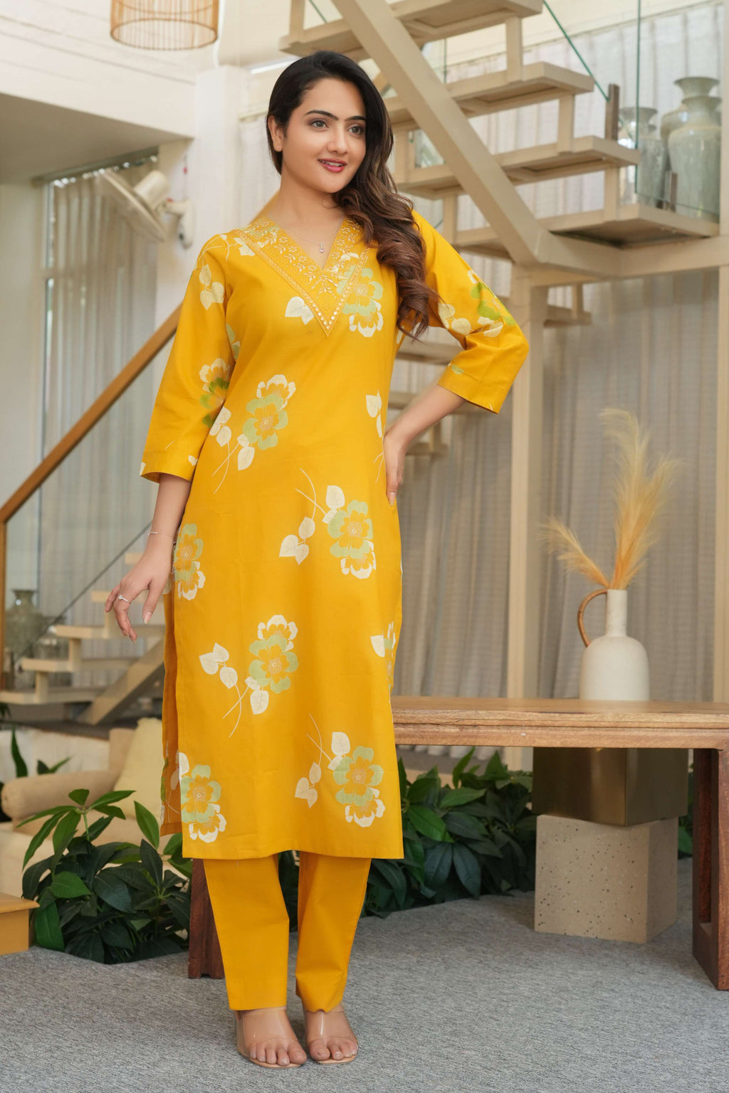 Mustard Yellow 3 Pcs Printed Suit Set with Floral Patterns – Elegant & Festive Ethnic Look