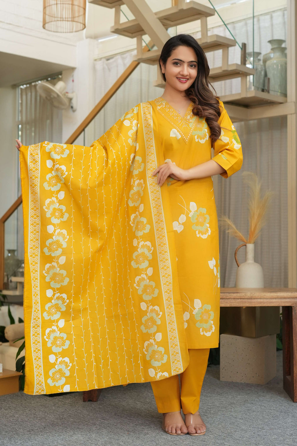 Mustard Yellow 3 Pcs Printed Suit Set with Floral Patterns – Elegant & Festive Ethnic Look