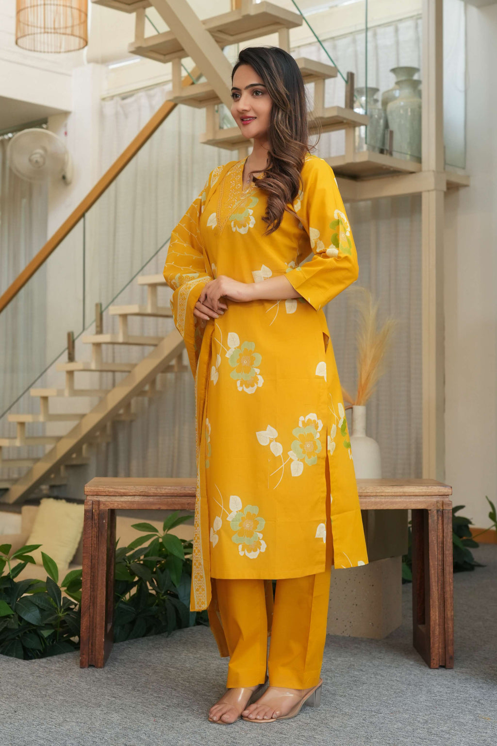 Mustard Yellow 3 Pcs Printed Suit Set with Floral Patterns – Elegant & Festive Ethnic Look
