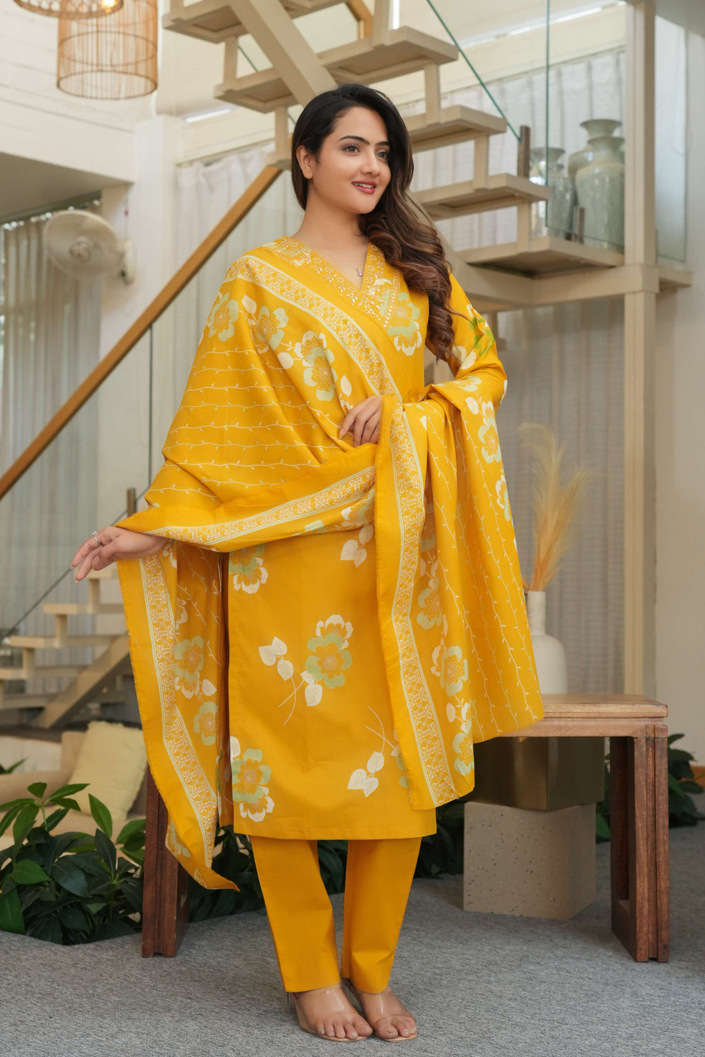 Mustard Yellow 3 Pcs Printed Suit Set with Floral Patterns – Elegant & Festive Ethnic Look