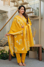 Mustard Yellow 3 Pcs Printed Suit Set with Floral Patterns – Elegant & Festive Ethnic Look